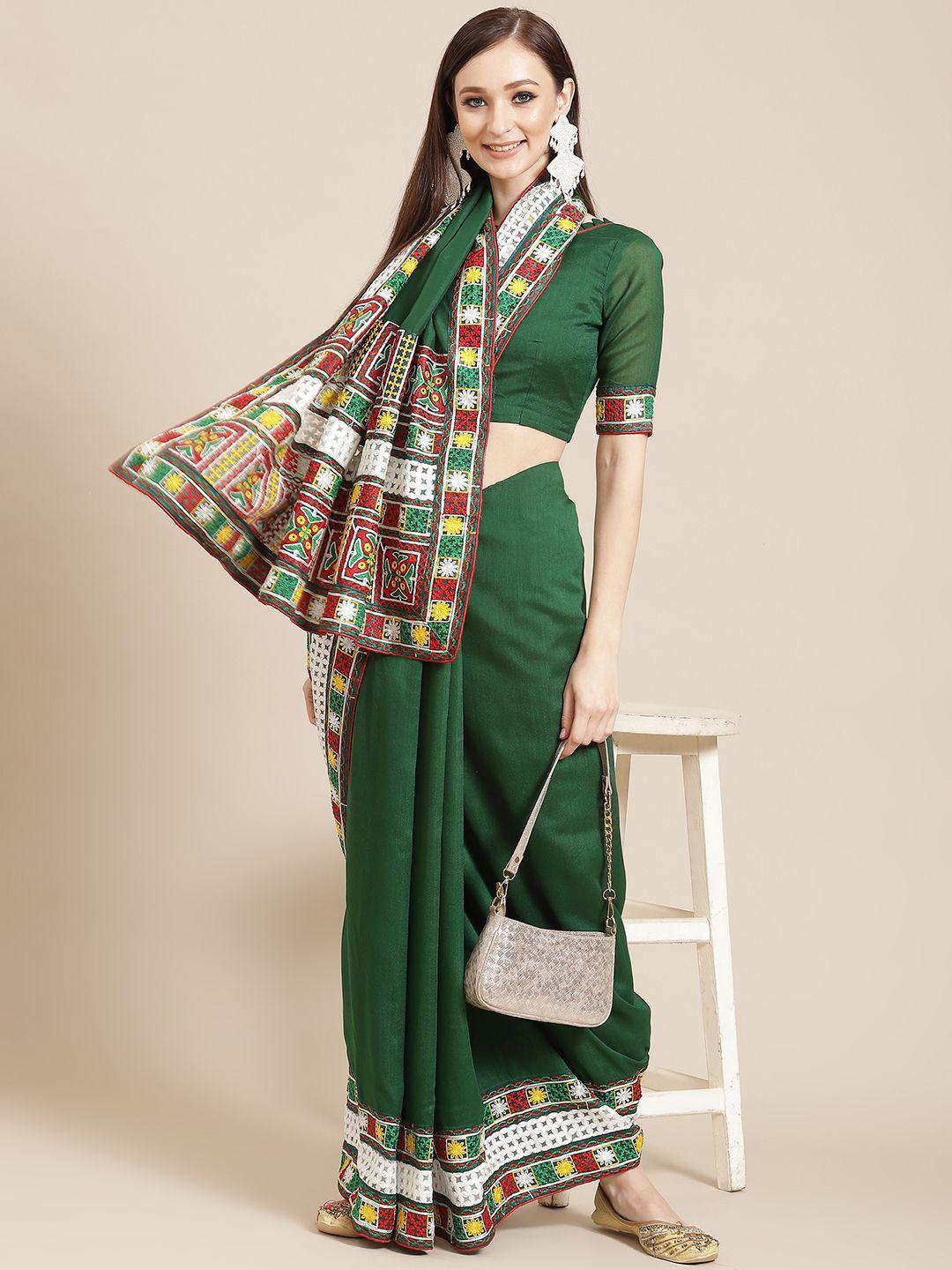 serona fabrics women green & white embroidered saree