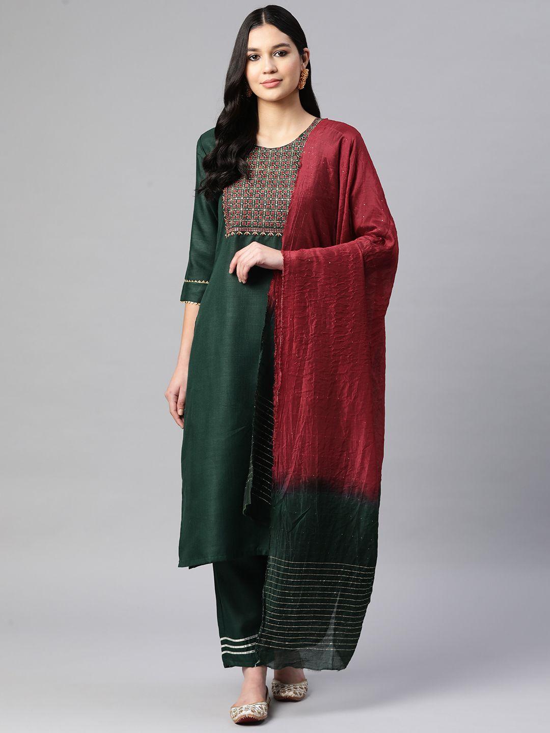 serona fabrics women green ethnic motifs yoke design sequinned kurta set