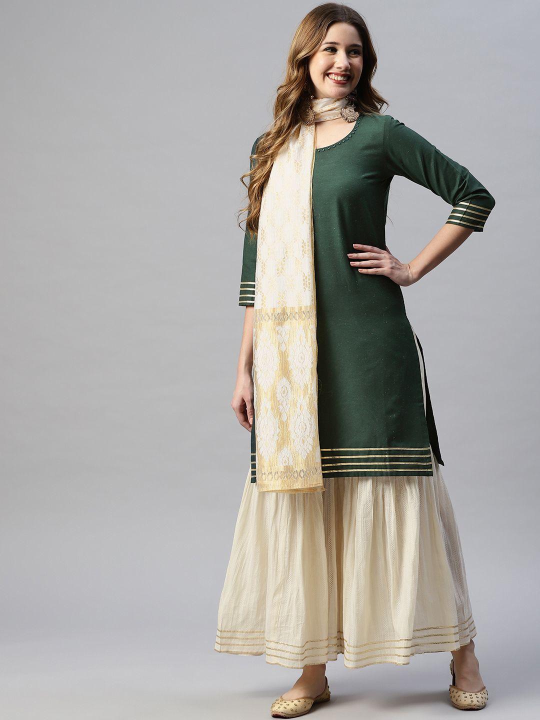 serona fabrics women green mirror work kurta with sharara & with dupatta