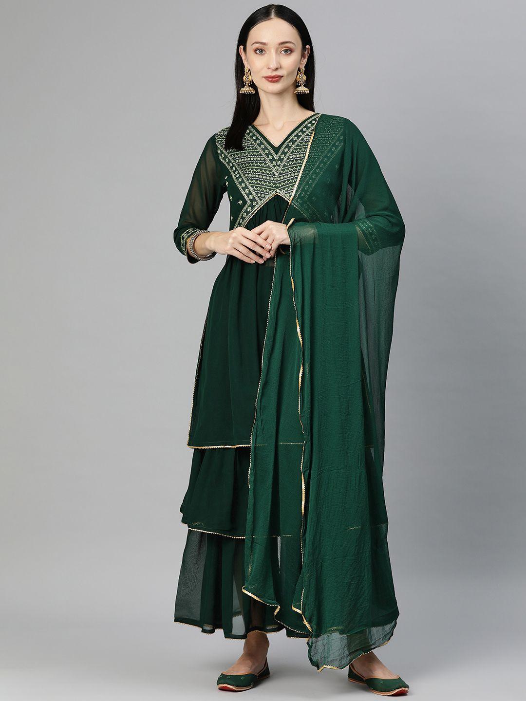 serona fabrics women green yoke design pleated sequinned kurta with sharara & with dupatta