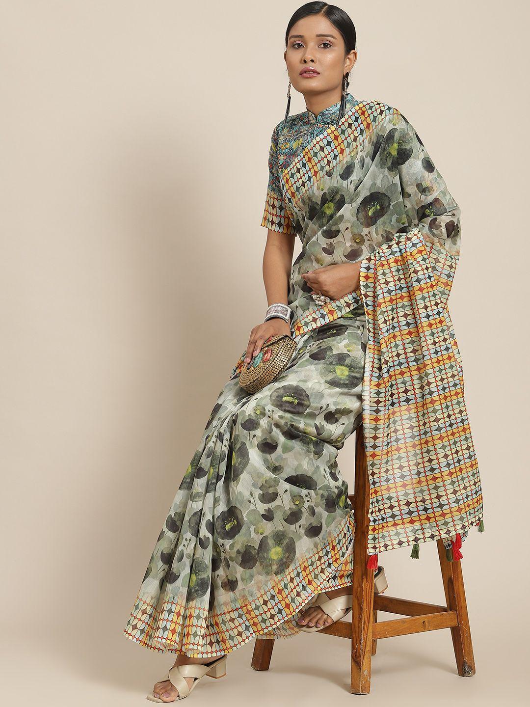 serona fabrics women grey & orange floral printed saree