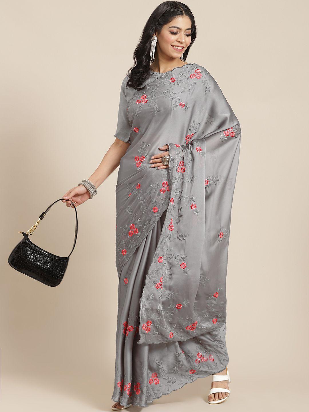 serona fabrics women grey & red floral embroidered saree