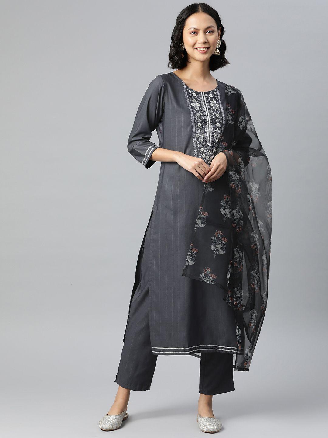 serona fabrics women grey floral embroidered kurta with trousers & with dupatta
