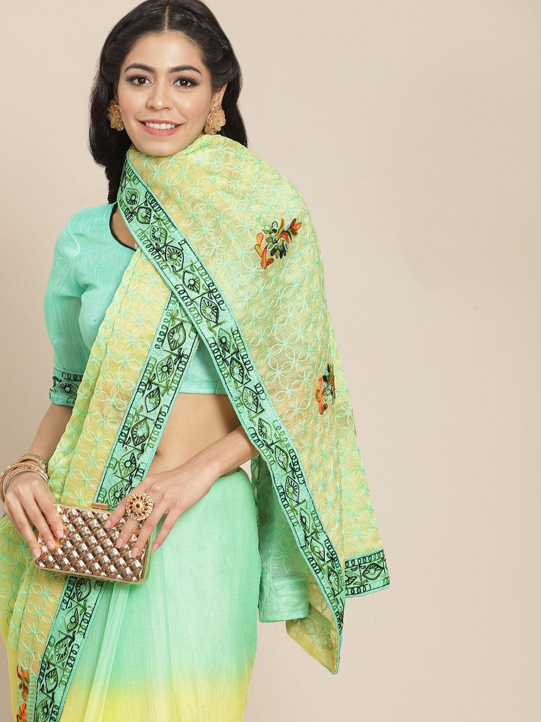 serona fabrics women lime green & yellow embroidered saree