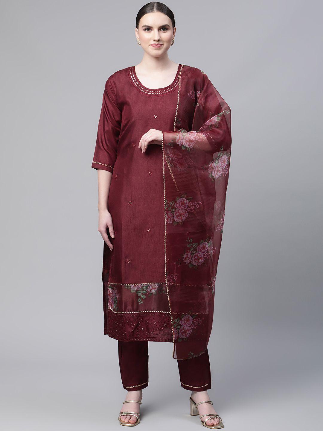 serona fabrics women maroon beads and stones silk chiffon kurta with trousers & dupatta