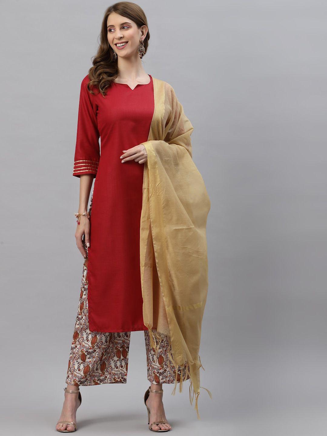 serona fabrics women maroon floral panelled kurta with trousers & with dupatta