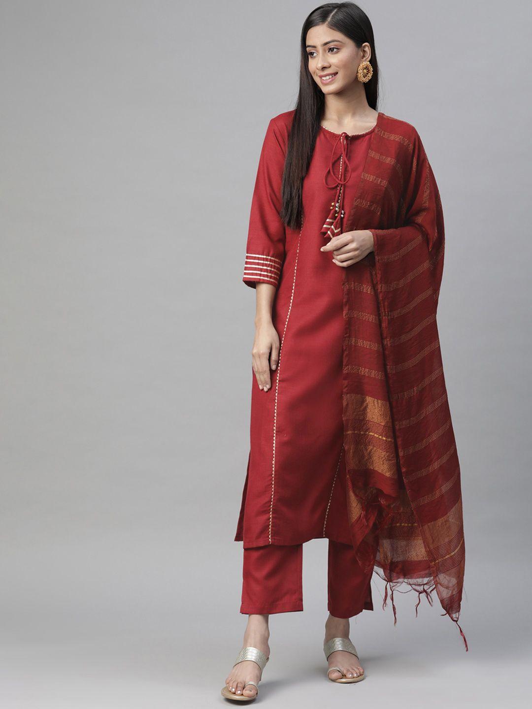 serona fabrics women maroon gotta patti kurta with trousers & dupatta