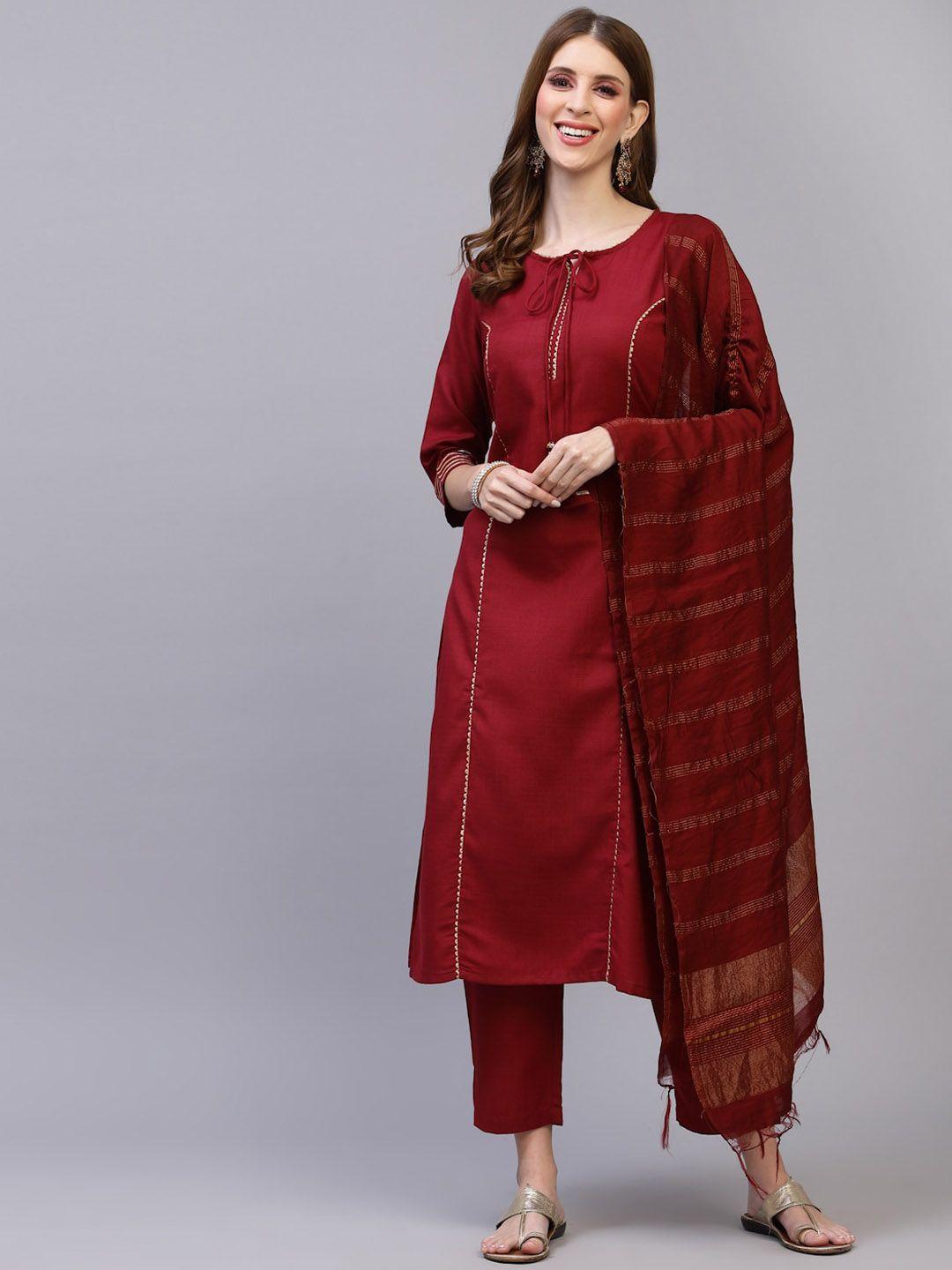 serona fabrics women maroon striped layered gotta patti kurti with trousers & with dupatta