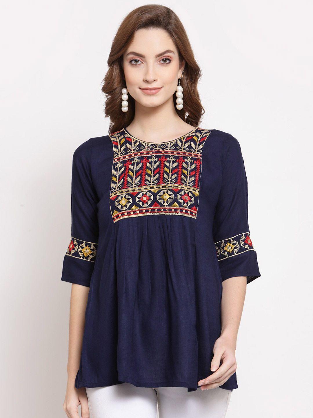 serona fabrics women navy blue & red embroidered a-line kurti