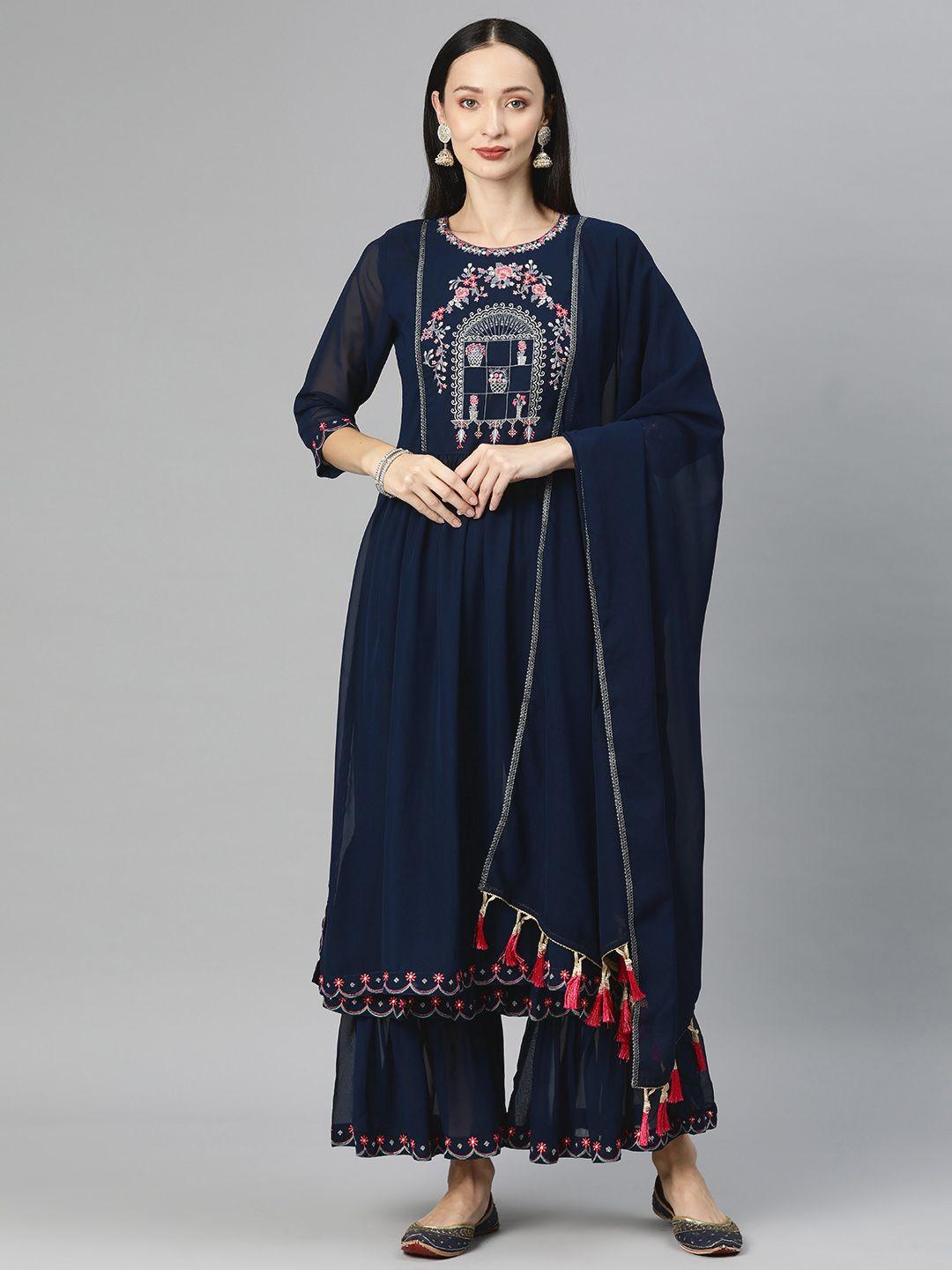 serona fabrics women navy blue floral yoke design pleated thread work kurta with sharara & with dupatta