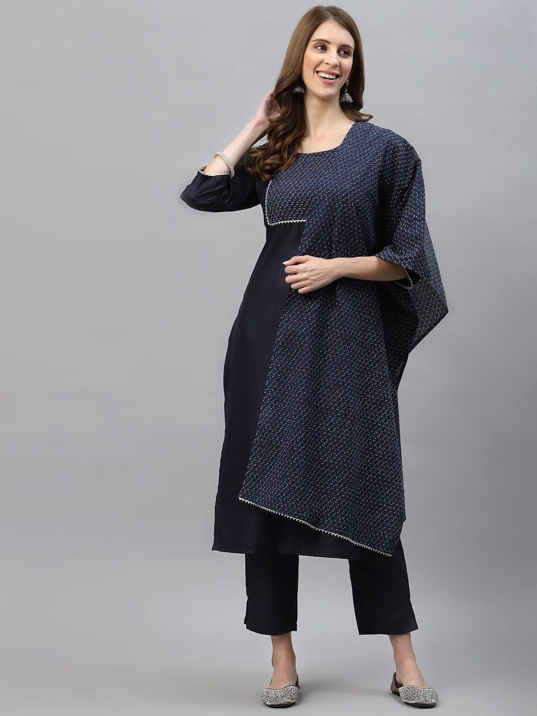 serona fabrics women navy blue printed kurta with trousers