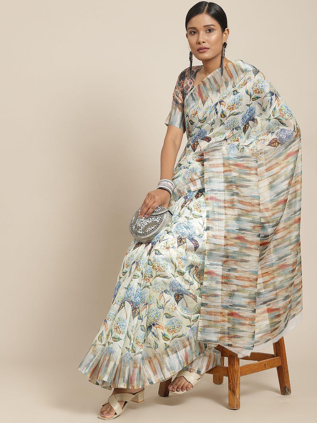 serona fabrics women off-white & blue floral printed saree