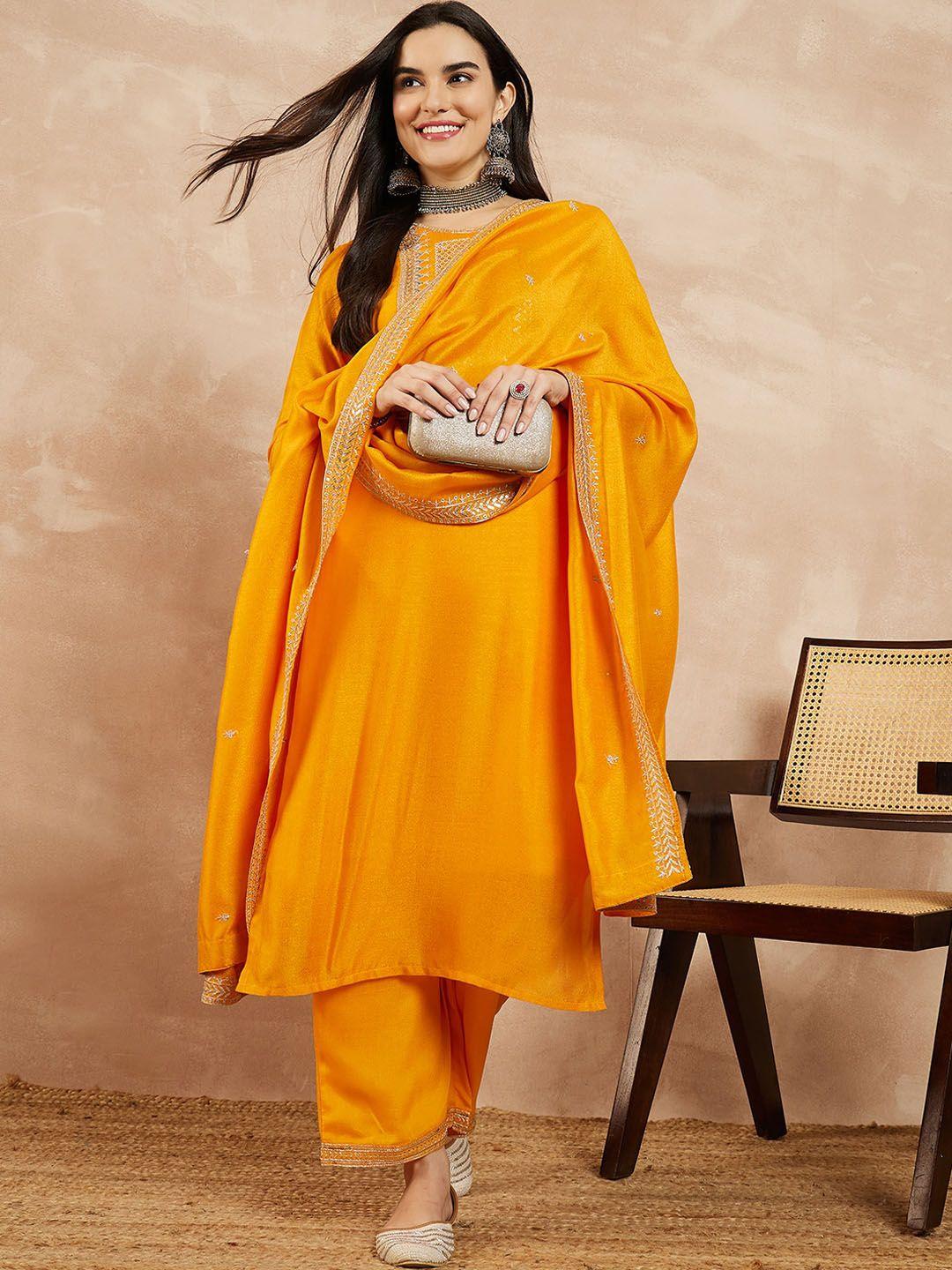 serona fabrics women orange floral embroidered regular sequinned pure silk kurta with palazzos & with dupatta