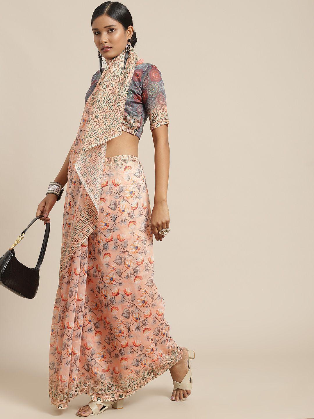 serona fabrics women peach-coloured & grey floral printed saree