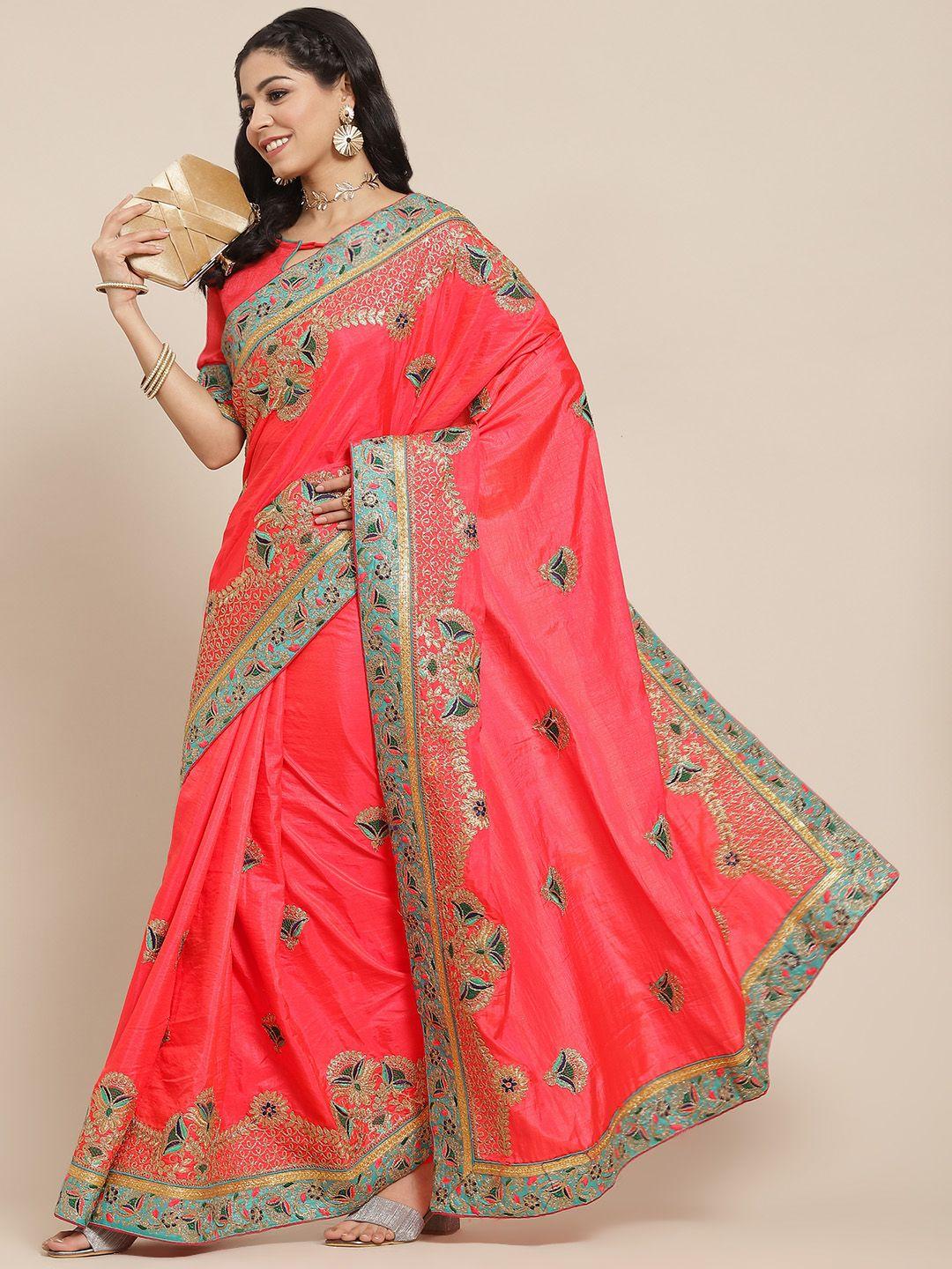 serona fabrics women pink & blue ethnic motifs embroidered saree