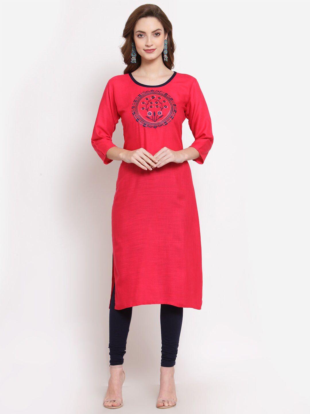 serona fabrics women pink & blue ethnic motifs embroidered straight kurti