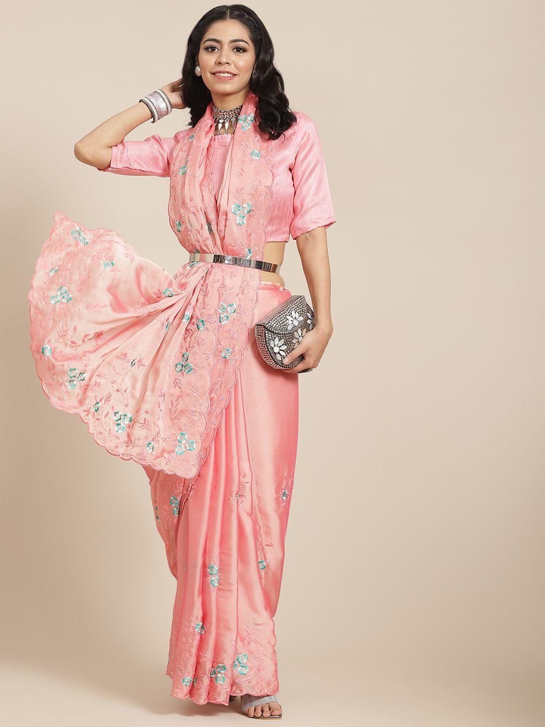 serona fabrics women pink & blue floral embroidered saree
