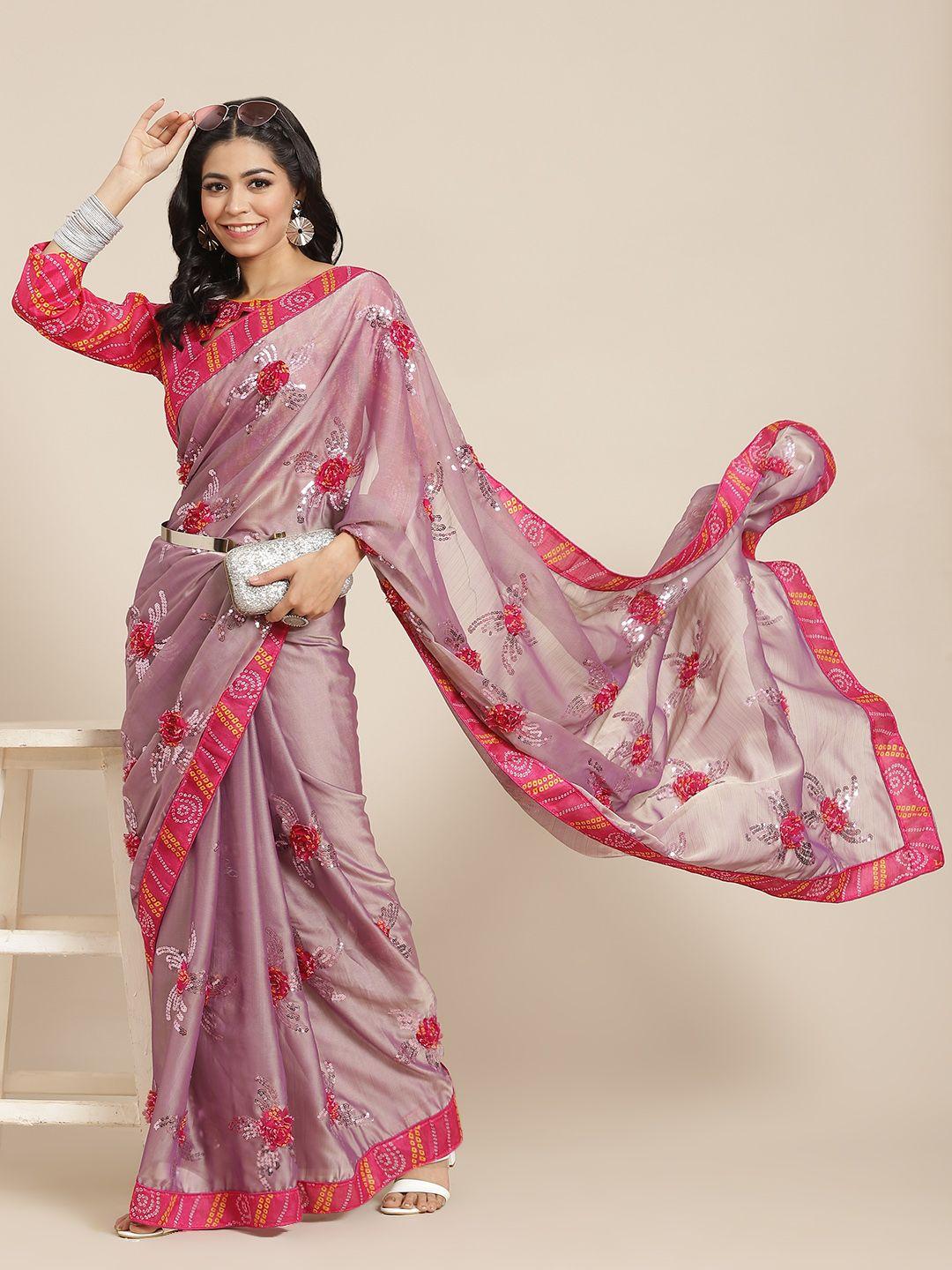 serona fabrics women pink & silver floral sequinned saree