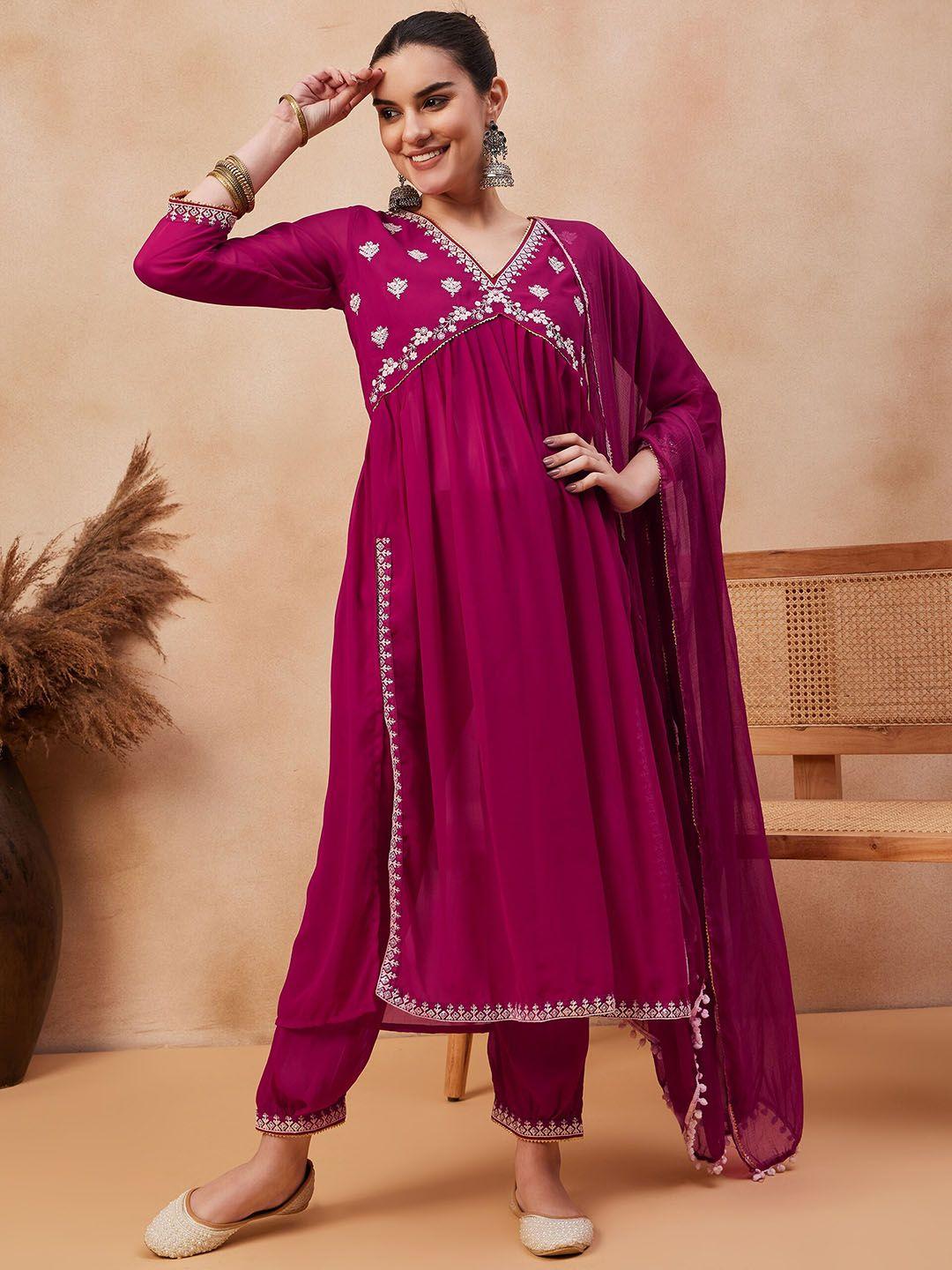 serona fabrics women pink floral embroidered empire sequinned kurta with trousers & with dupatta