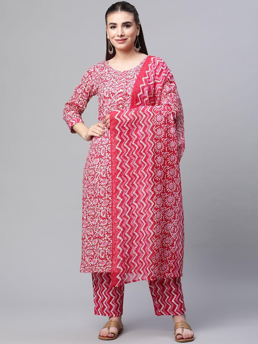 serona fabrics women pink floral printed pure cotton kurta with trousers & with dupatta