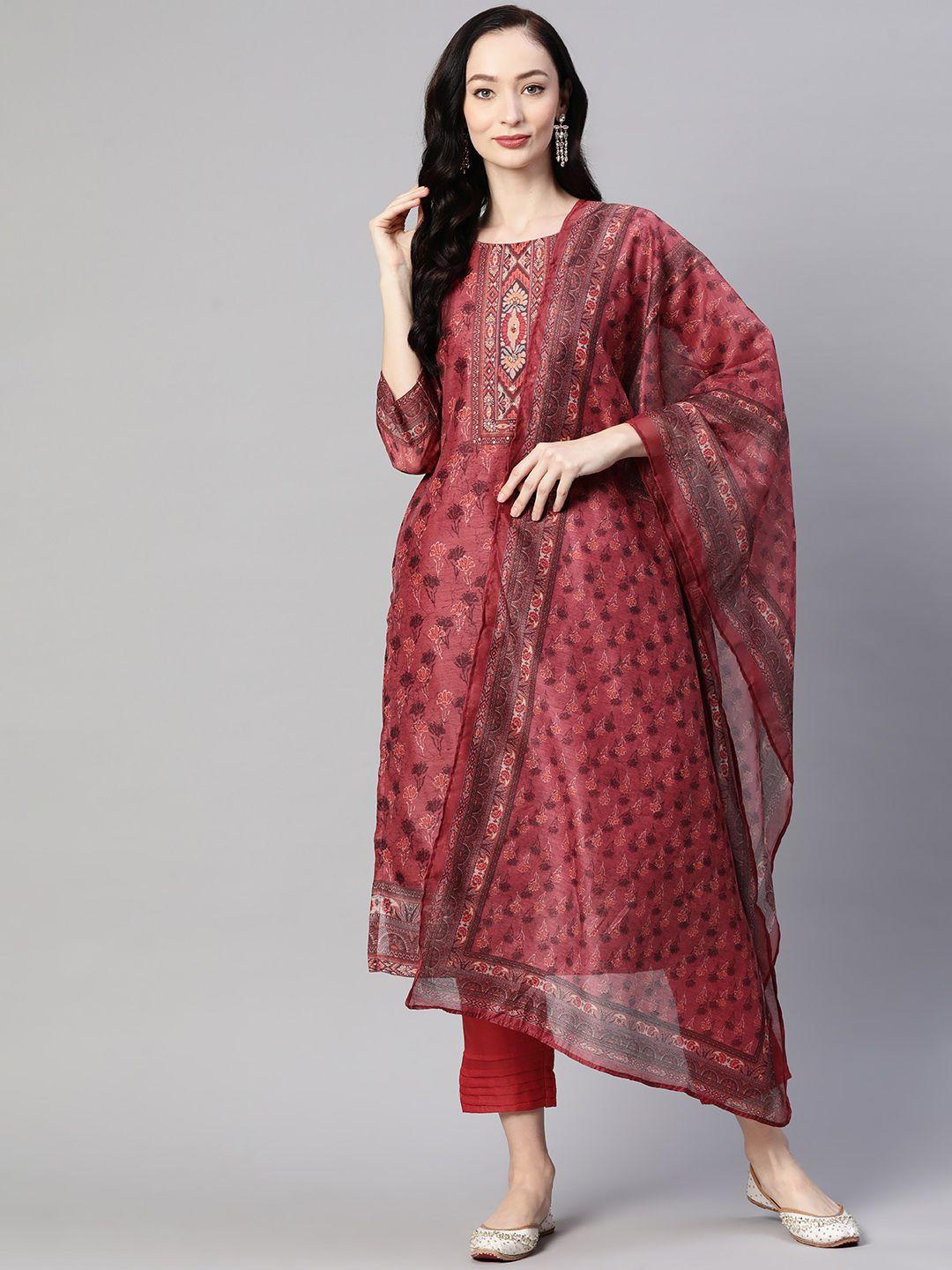 serona fabrics women printed sequinned chanderi cotton kurta with trousers & with dupatta