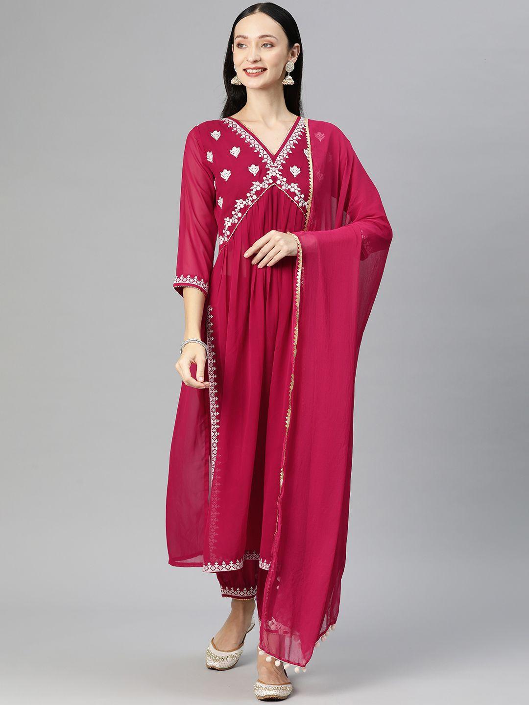 serona fabrics women red floral embroidered pleated gotta patti kurta with trousers & with dupatta