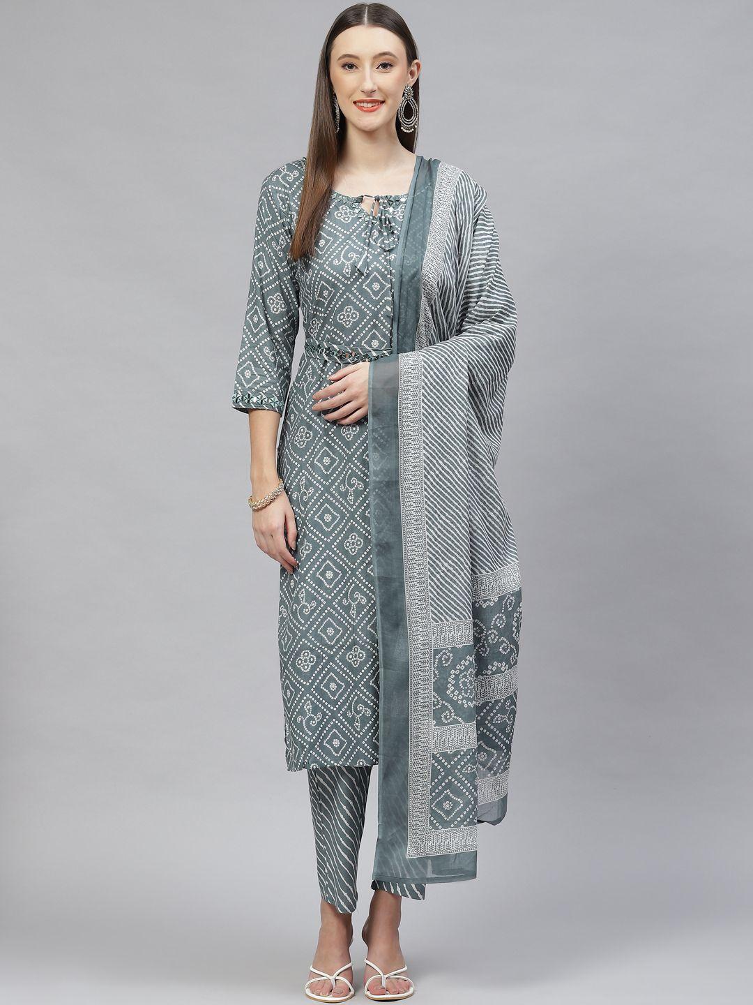 serona fabrics women teal bandhani printed pure cotton kurta with trousers & with dupatta