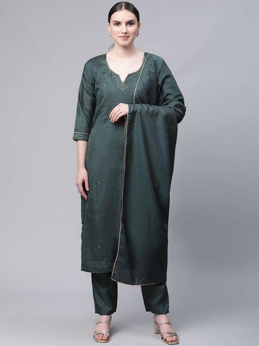 serona fabrics women teal beads and stones silk chiffon kurta with trousers & dupatta