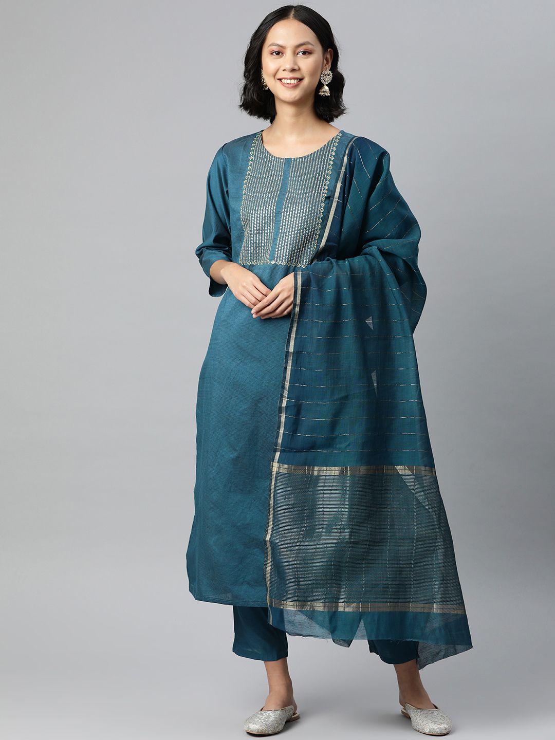 serona fabrics women teal embroidered kurta with trousers & with dupatta