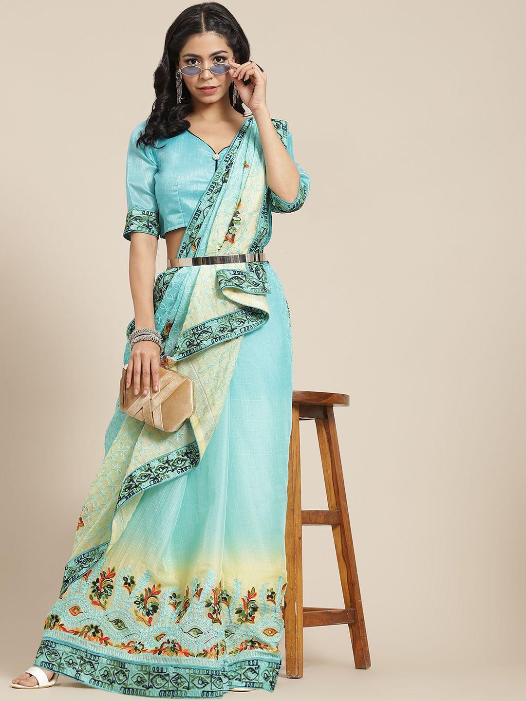 serona fabrics women turquoise blue & cream-coloured floral embroidered saree