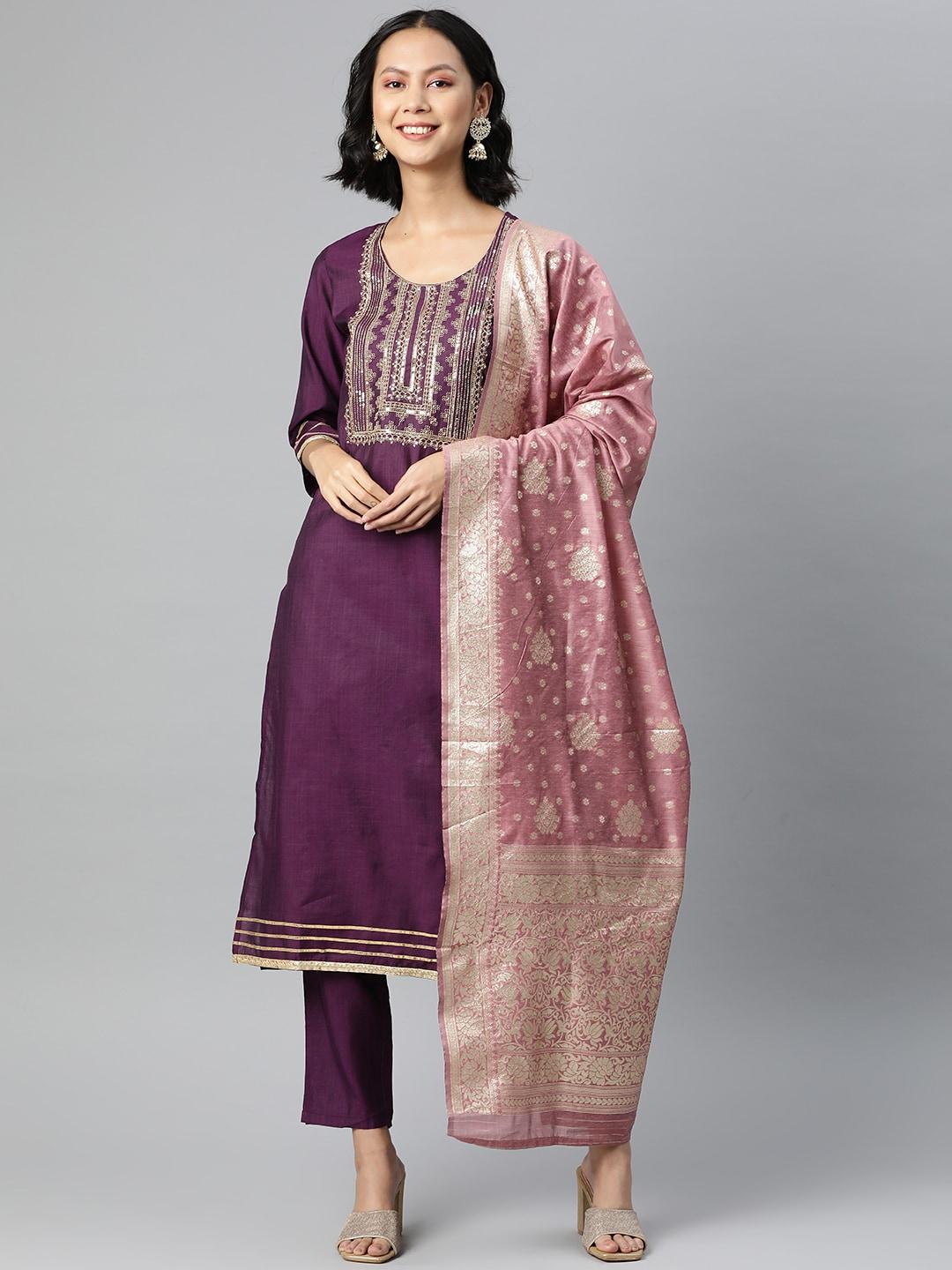 serona fabrics women violet embroidered kurta with trousers & with dupatta