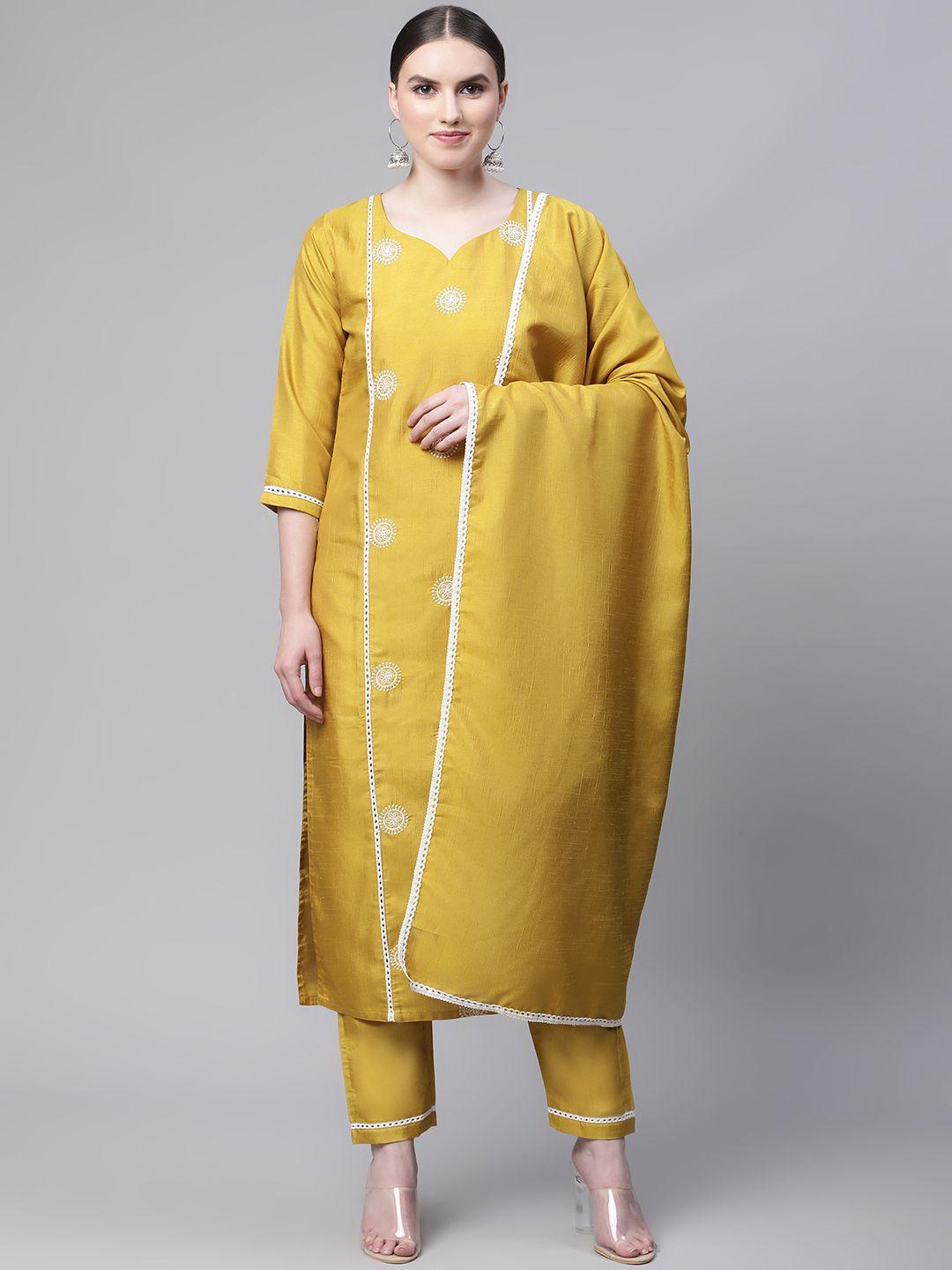 serona fabrics women yellow floral embroidered silk chiffon kurta with trousers & dupatta