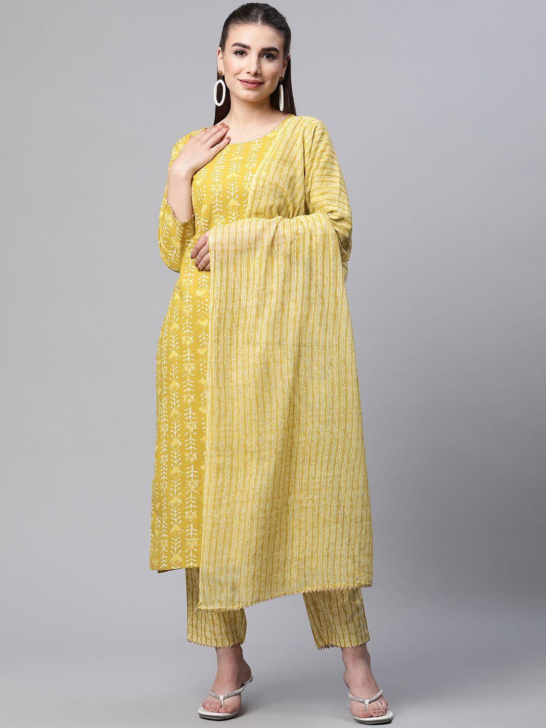 serona fabrics women yellow floral printed pure cotton kurta with trousers & with dupatta