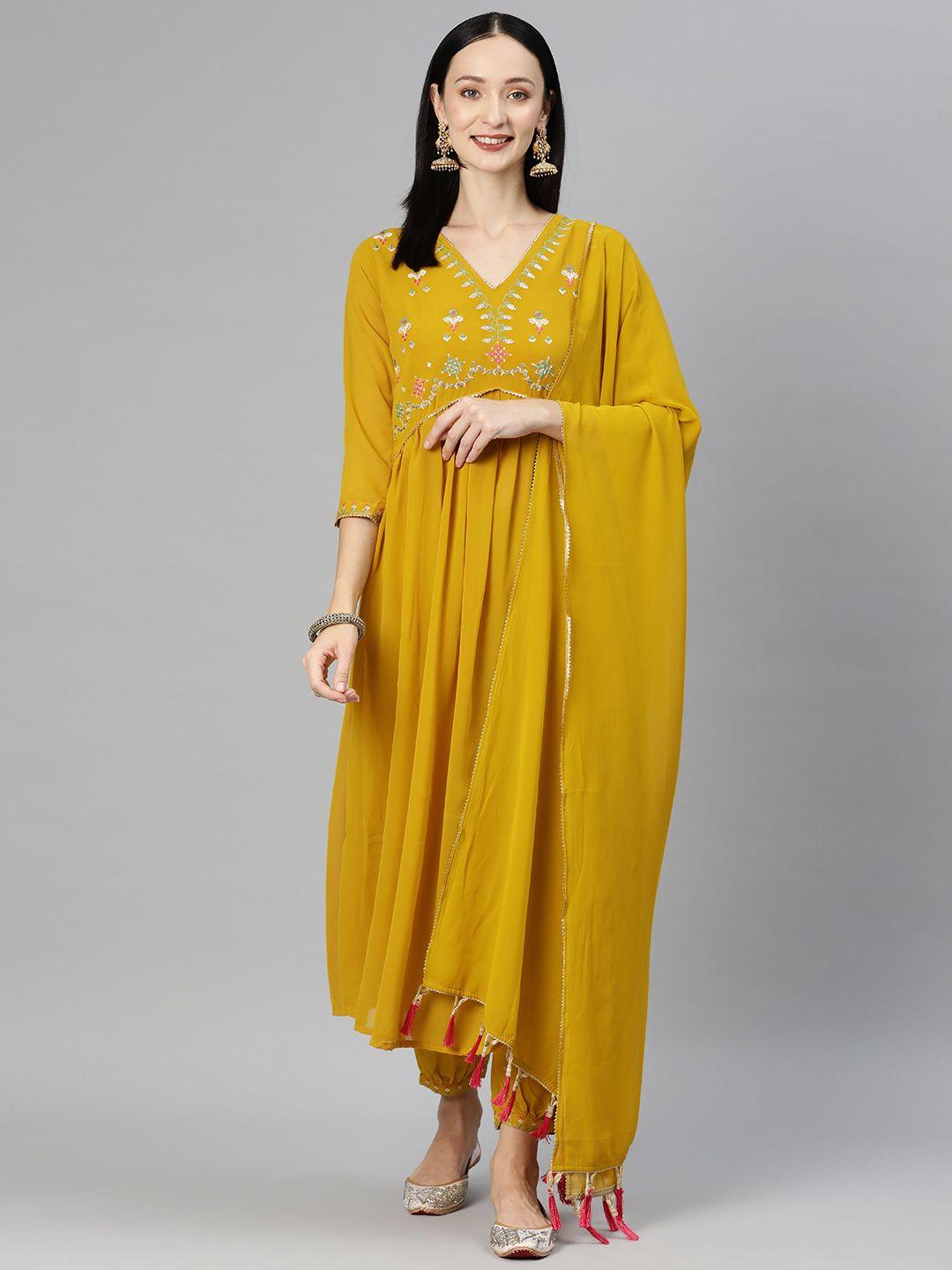 serona fabrics women yellow floral yoke design pleated gotta patti kurta with trousers & with dupatta