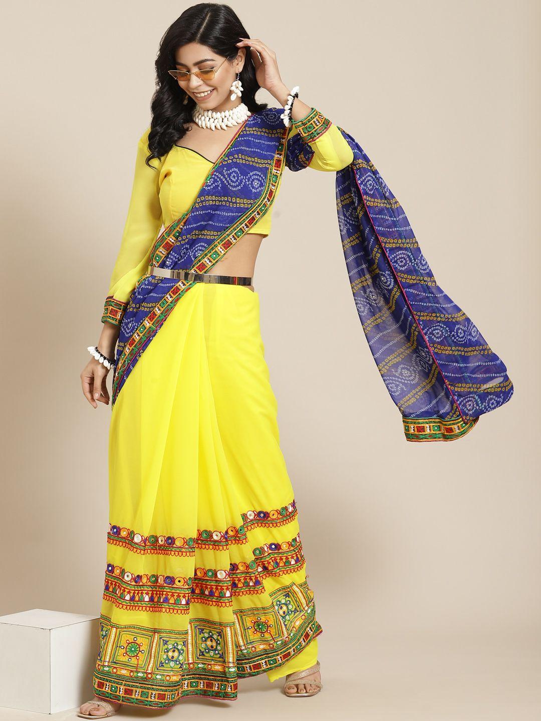 serona fabrics yellow & blue bandhani mirror work pure georgette half and half bandhani saree