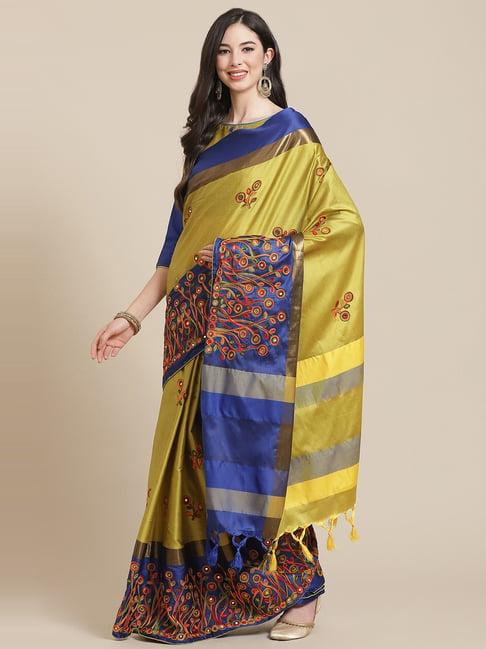 serona fabrics yellow & blue cotton silk embroidered saree with unstitched blouse