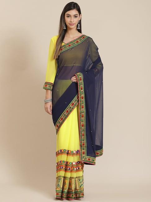 serona fabrics yellow & blue embroidered saree with unstitched blouse