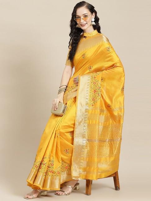 serona fabrics yellow cotton silk embroidered saree with unstitched blouse