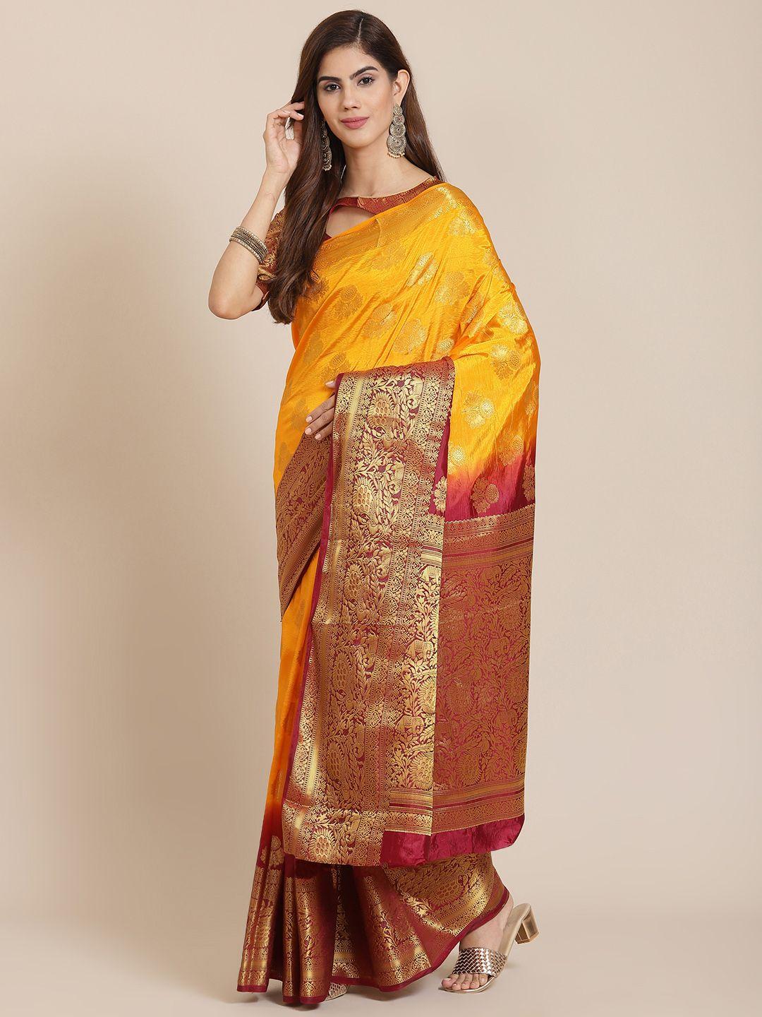 serona fabrics yellow ethnic motifs zari silk blend banarasi saree