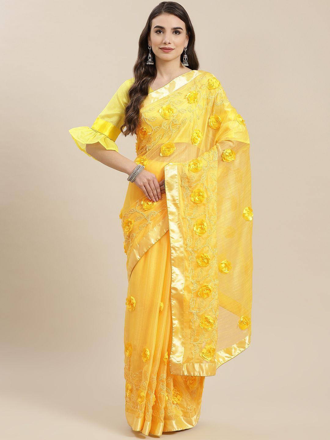 serona fabrics yellow satin ribbon flower embroidered pure chiffon saree