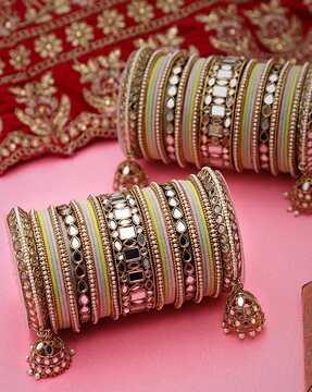set of 2 mirror embellished & jhumkas velvet bangles