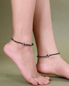 set of 2 silver-plated evil eye anklets with s-hook closure