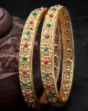 set of 2 women gold-plated stone-studded bangles