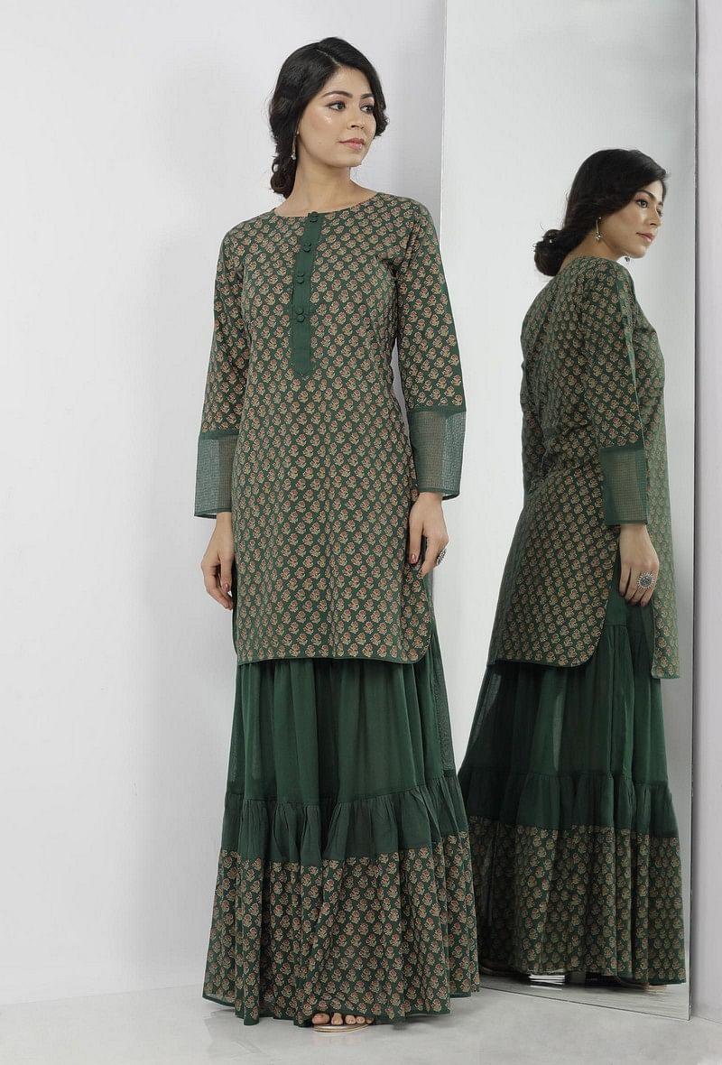 set of 2: irvin bottle green floral hand-block printed cotton short kurta with printed sharara