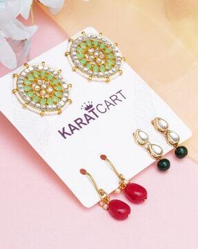 set of 3 handcrafted kundan-studded earrings