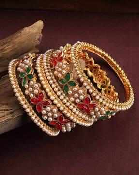 set of 6 gold-plated kundan-studded bangles