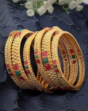 set of 6 women gold-plated stone-studded bangles