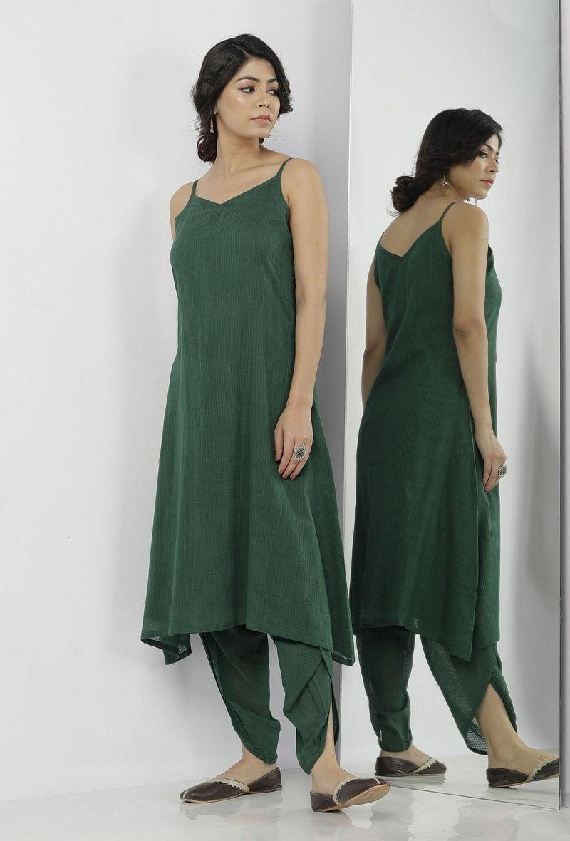 set of 2: irvin plain bottle green kota a line slip with plain transparent kurta dhoti