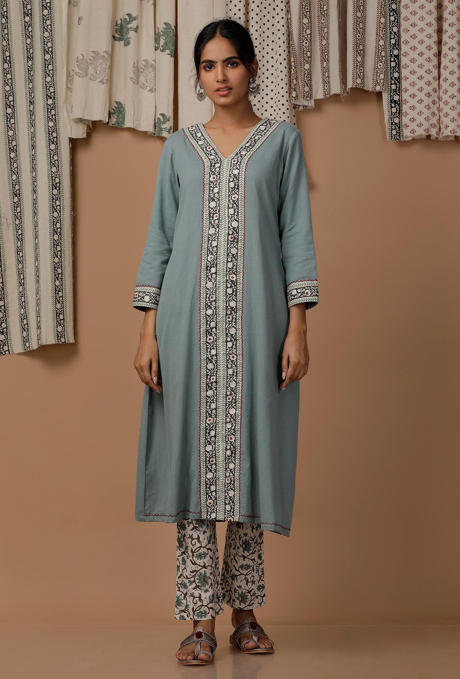 set of 2: pastel blue handblock cotton flex kurta and pants