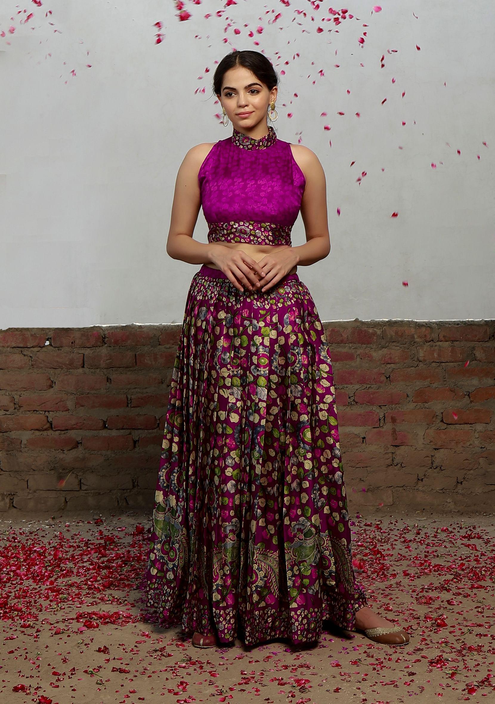 set of 2: plum kalamkari printed cotton silk high neck crop blouse with printed cotton silk pleated long skirt